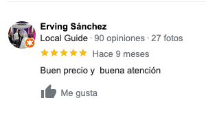 Captura de pantalla de un testimonio de Google My Business, la persona que lo deja es Erving Sánchez y dice "Buen precio y buena atención" y deja 5 estrellas.