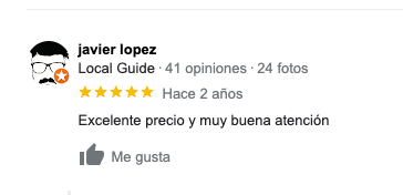 Captura de pantalla de un testimonio de Google My Business, la persona que lo deja es Javier López y dice "Excelente precio y muy buena atención" y deja 5 estrellas.