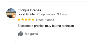 Captura de pantalla de un testimonio de Google My Business, la persona que lo deja es Enrique Brenes y dice "Excelentes precios, muy buena atención" y deja 5 estrellas.