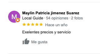 Captura de pantalla de un testimonio de Google My Business, la persona que lo deja es Maylin Patricia Jiménez Suárez dice "Excelentes precios y servicio" y deja 5 estrellas.