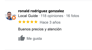 Captura de pantalla de un testimonio de Google My Business, la persona que lo deja es Ronald Rodríguez González y dice "Buenos precios y atención" y deja 5 estrellas.