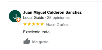 Captura de pantalla de un testimonio de Google My Business, la persona que lo deja es Juan Miguel Calderón Sánchez y dice "Excelente trato" y deja 5 estrellas.