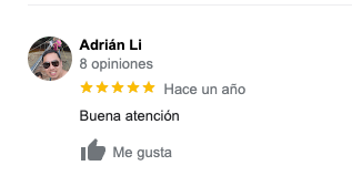 Captura de pantalla de un testimonio de Google My Business, la persona que lo deja es Adrían Li y dice "Buena Atención" y deja 5 estrellas.